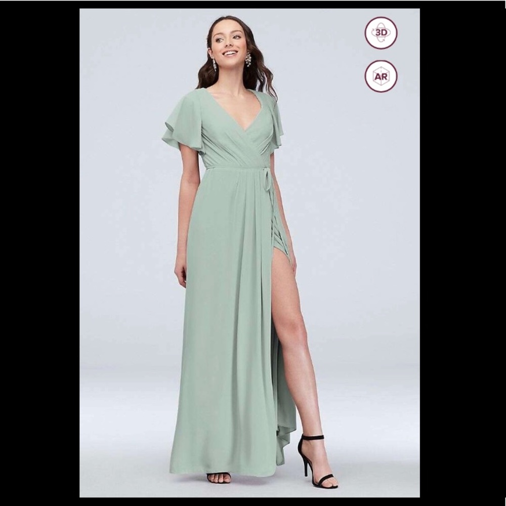 David’s Bridal Flutter Sleeve Georgette Wrap Bridesmaid Dress in Dusty Sage